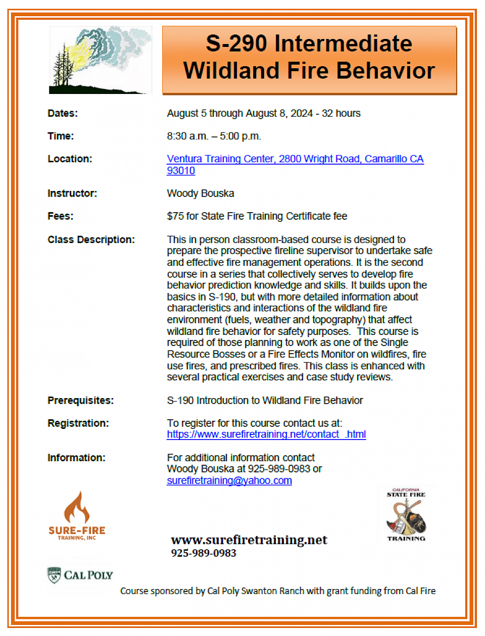 S-290 Intermediate Wildland Fire Behavior course flyer